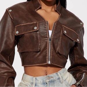 Brown Leather Cropped Jacket